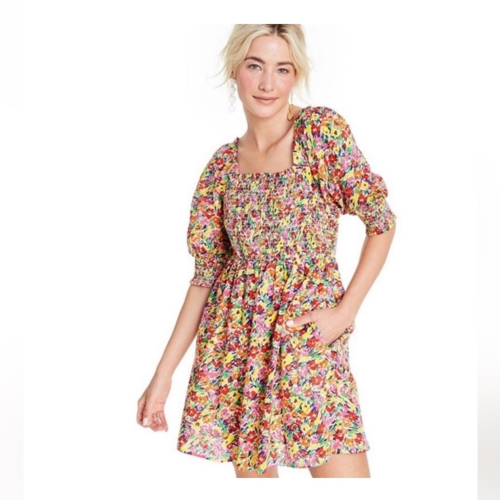 RIXO Floral Smocked Square-Neck Mini Dress